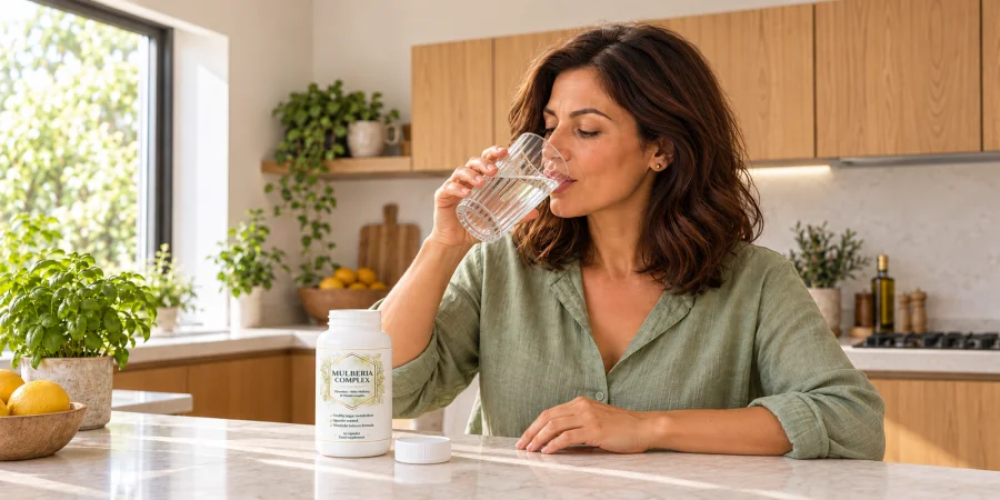 Persona tragando las cápsulas con un vaso de agua